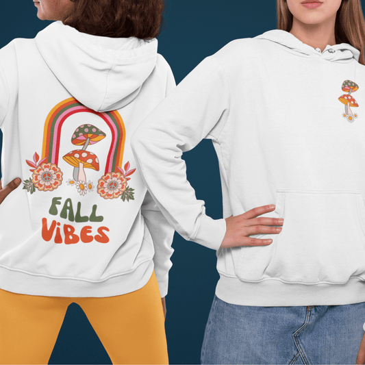 Hoodie Fall Vibes | Mushrooms and Rainbow | Retro | Hooded Sweatshirt