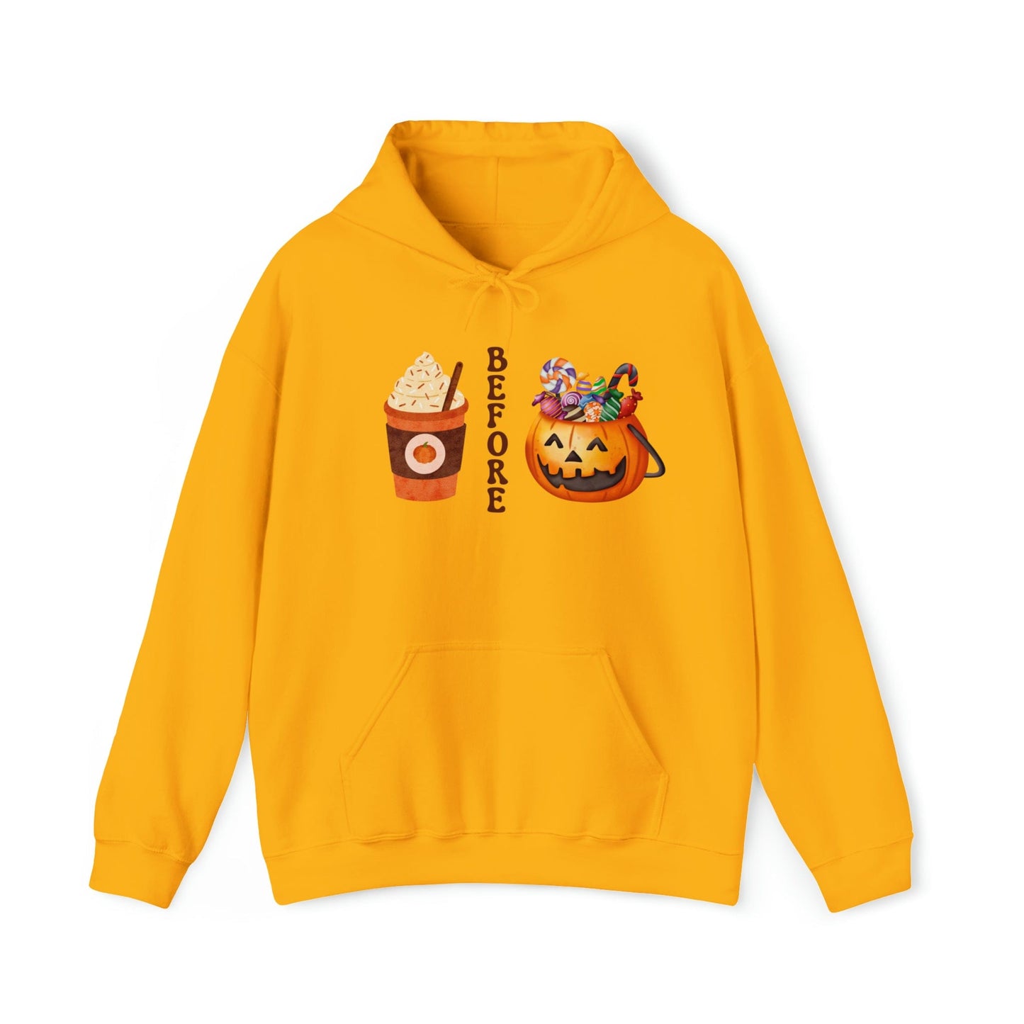 Hoodie Gold / S Coffee Before Candy | Fall | Pumpkin Spice | Retro | Hooded Sweatshirt