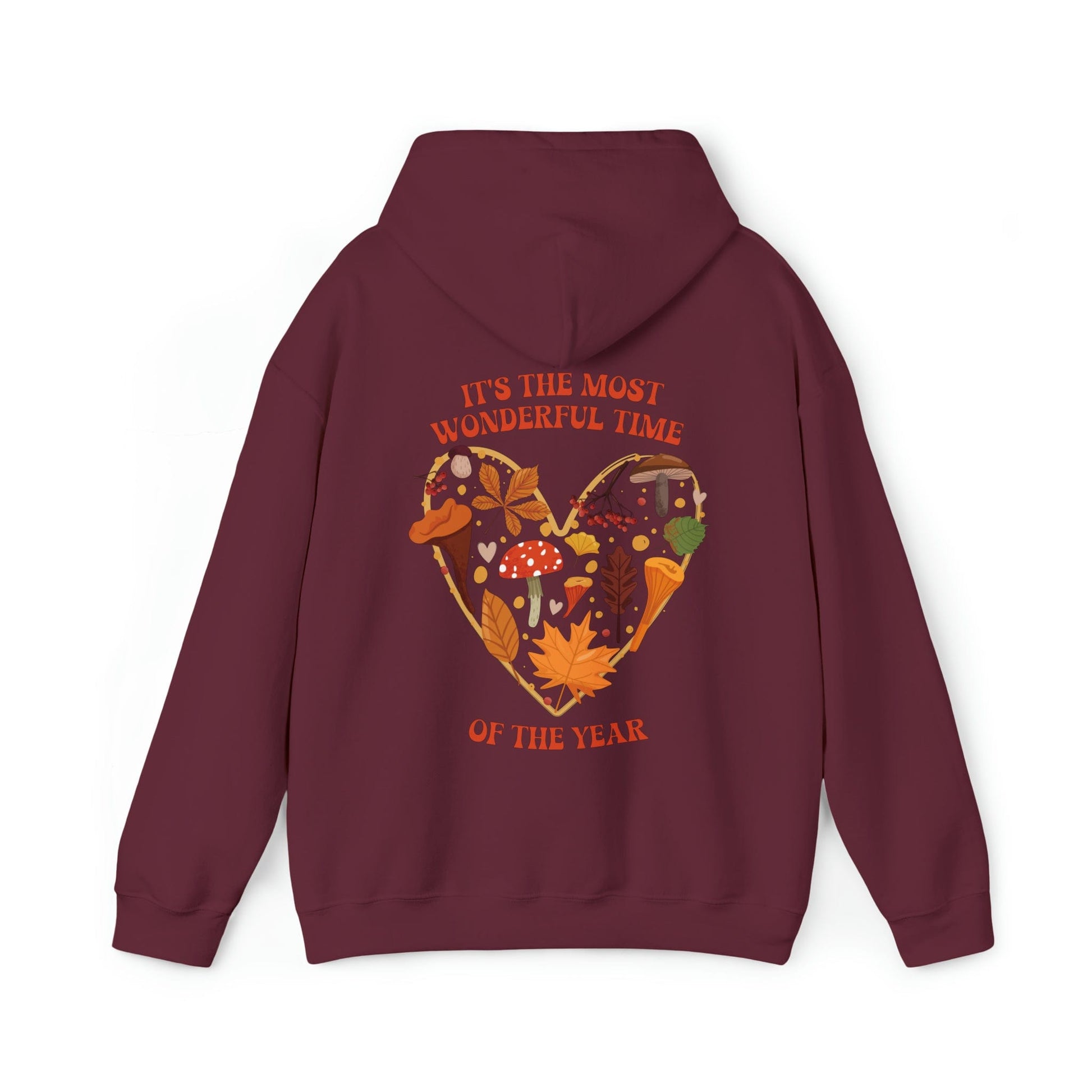 Hoodie Maroon / S It's the Most Wonderful Time of the Year | Fall | Mushrooms and Leaves | Retro | Hooded Sweatshirt