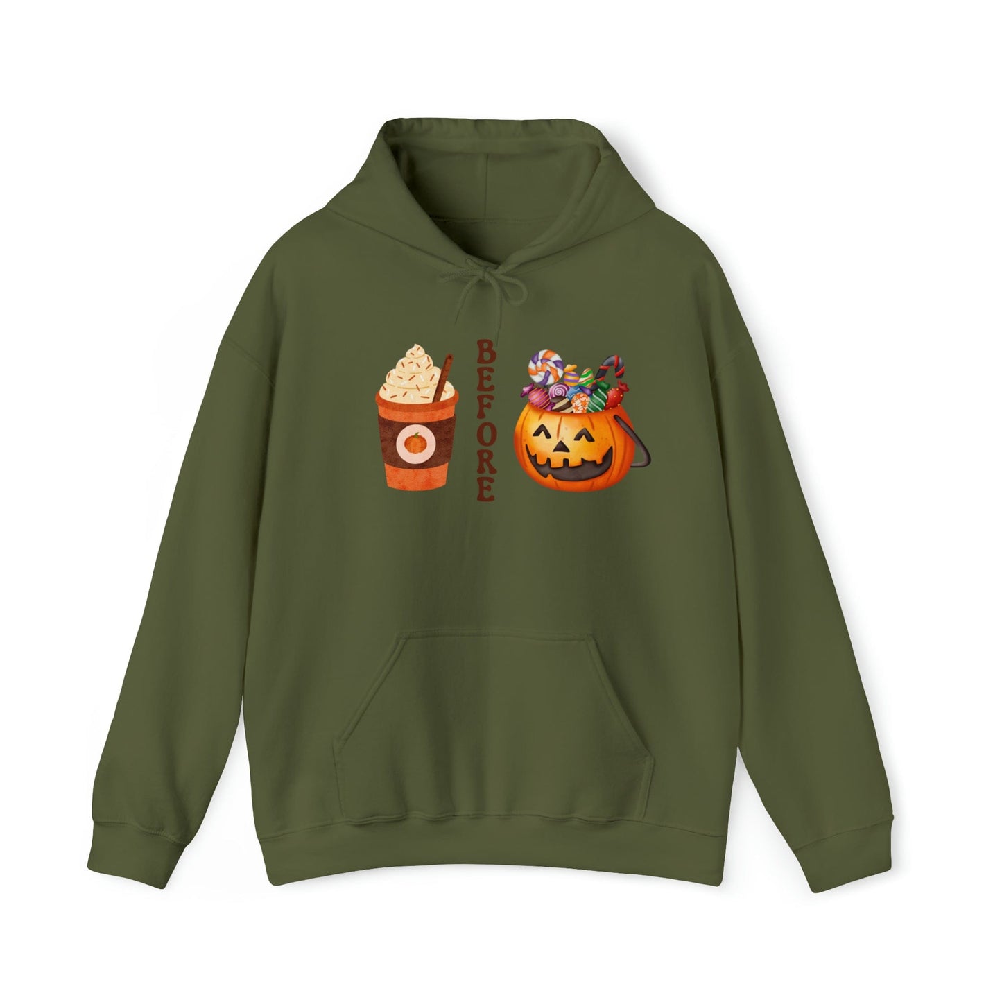 Hoodie Military Green / S Coffee Before Candy | Fall | Pumpkin Spice | Retro | Hooded Sweatshirt