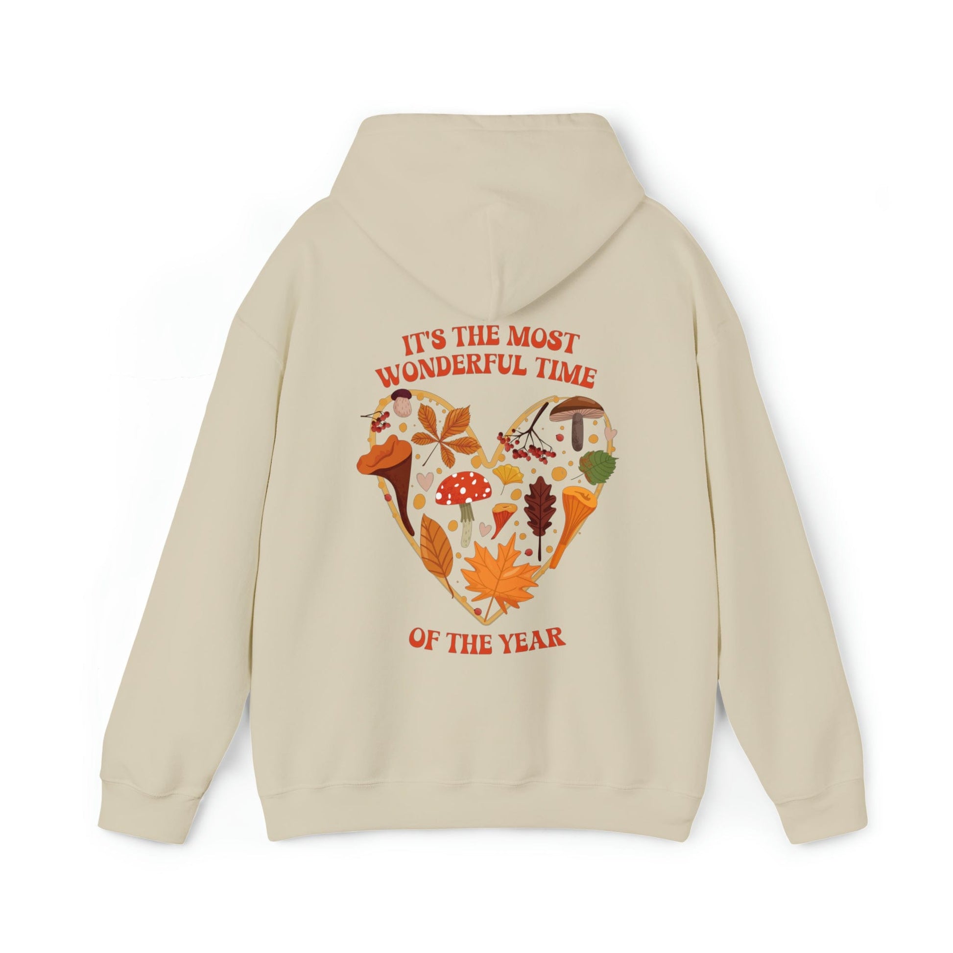 Hoodie Sand / S It's the Most Wonderful Time of the Year | Fall | Mushrooms and Leaves | Retro | Hooded Sweatshirt