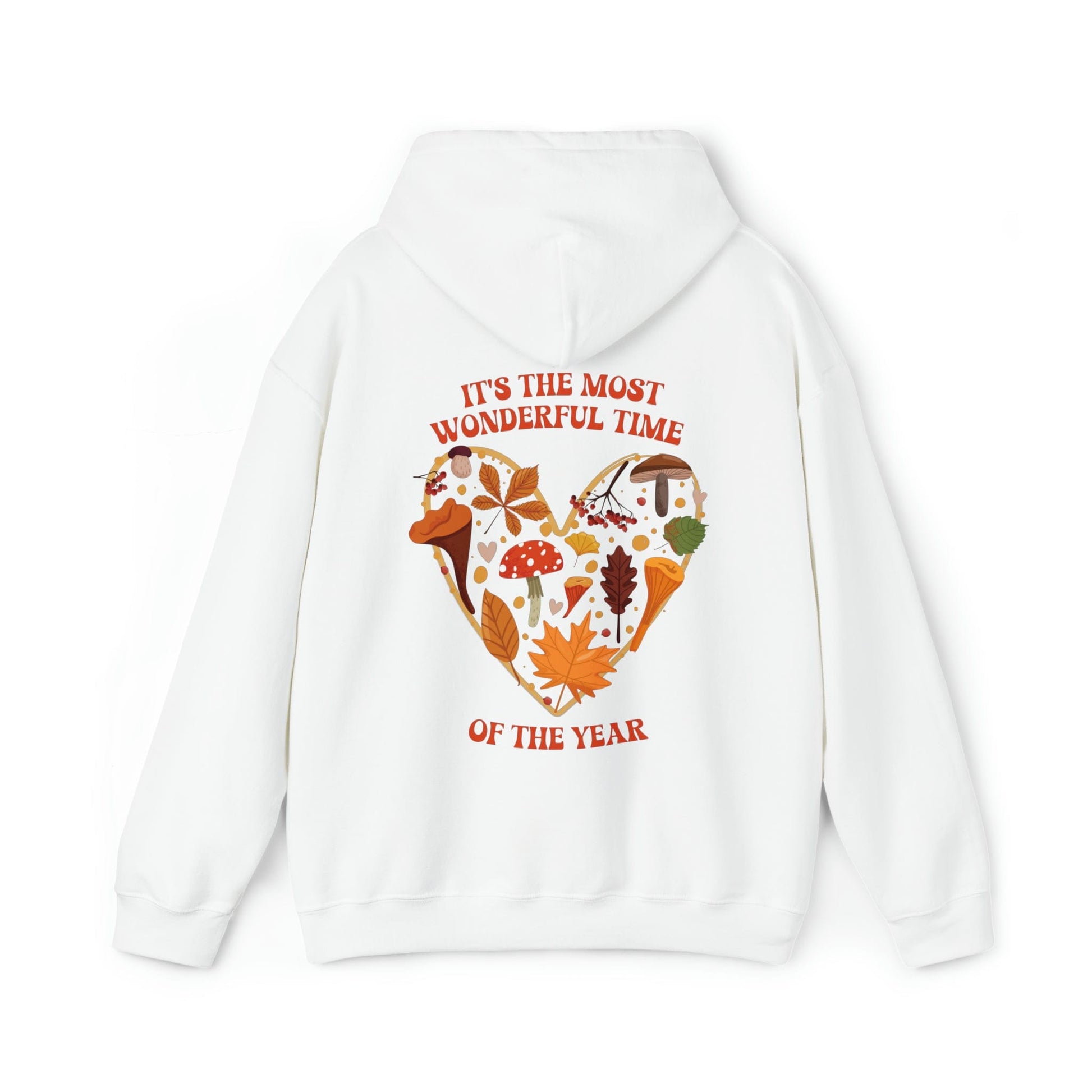 Hoodie White / S It's the Most Wonderful Time of the Year | Fall | Mushrooms and Leaves | Retro | Hooded Sweatshirt