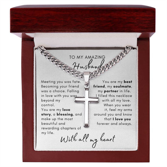 Jewelry Luxury Box w/LED To My Husband | Soulmate | Cuban Chain with Artisan Cross Necklace