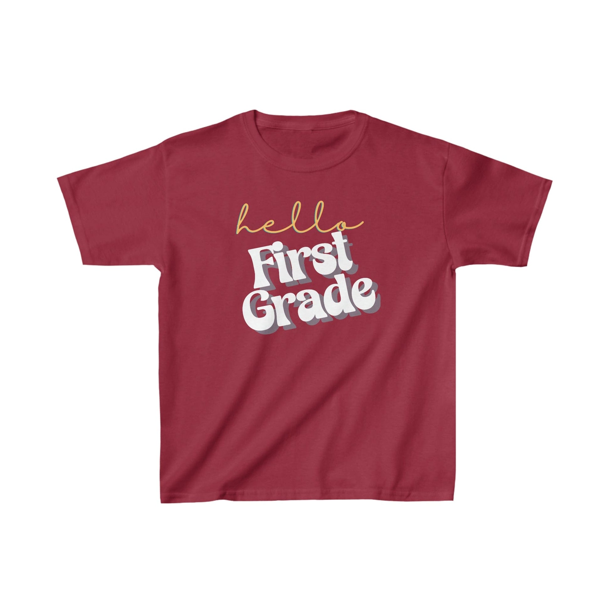 Kids clothes XS / Cardinal Red Hello First Grade | Retro | YOUTH Sizes | Cotton Tee