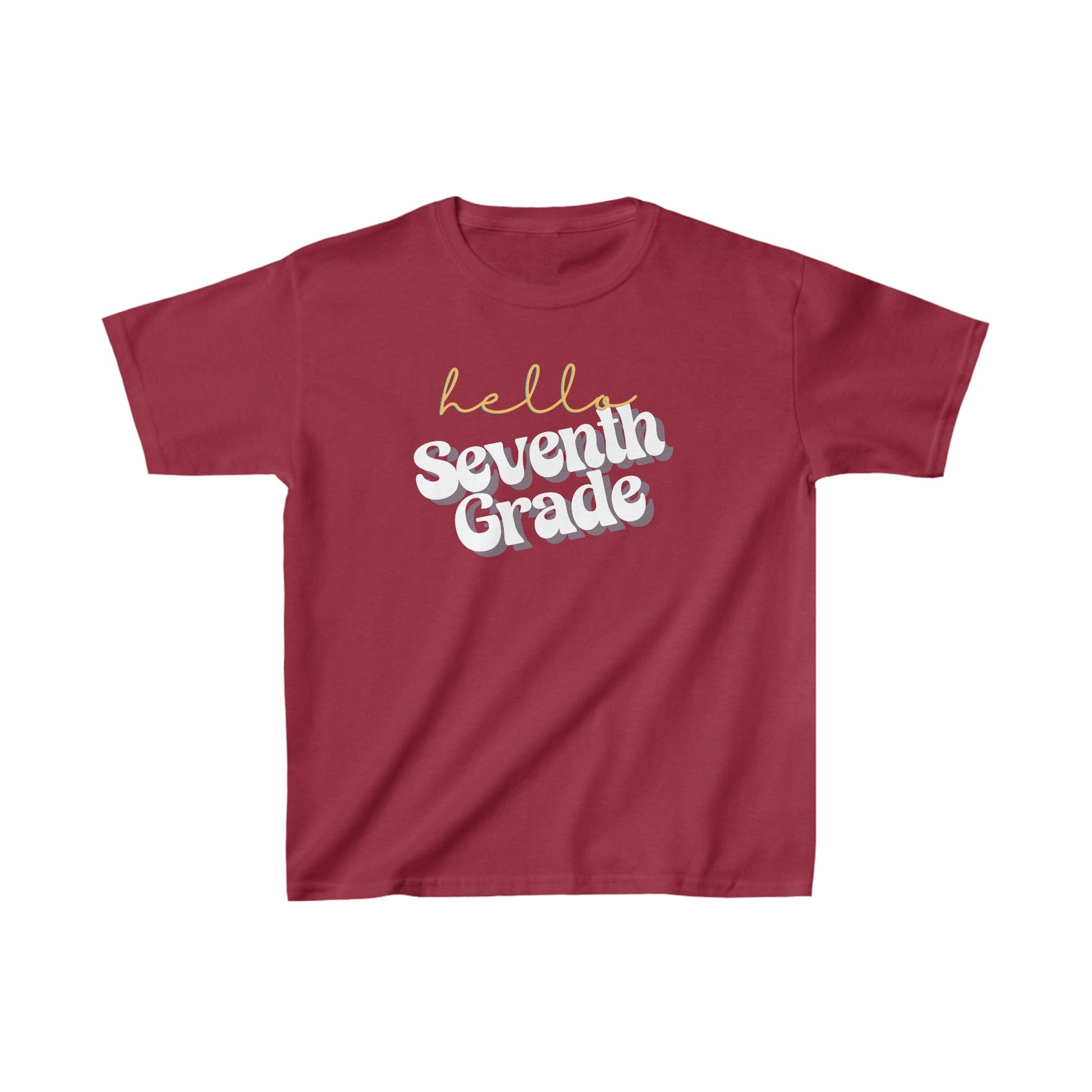 Kids clothes XS / Cardinal Red Hello Seventh Grade | Retro | YOUTH Sizes | Cotton Tee