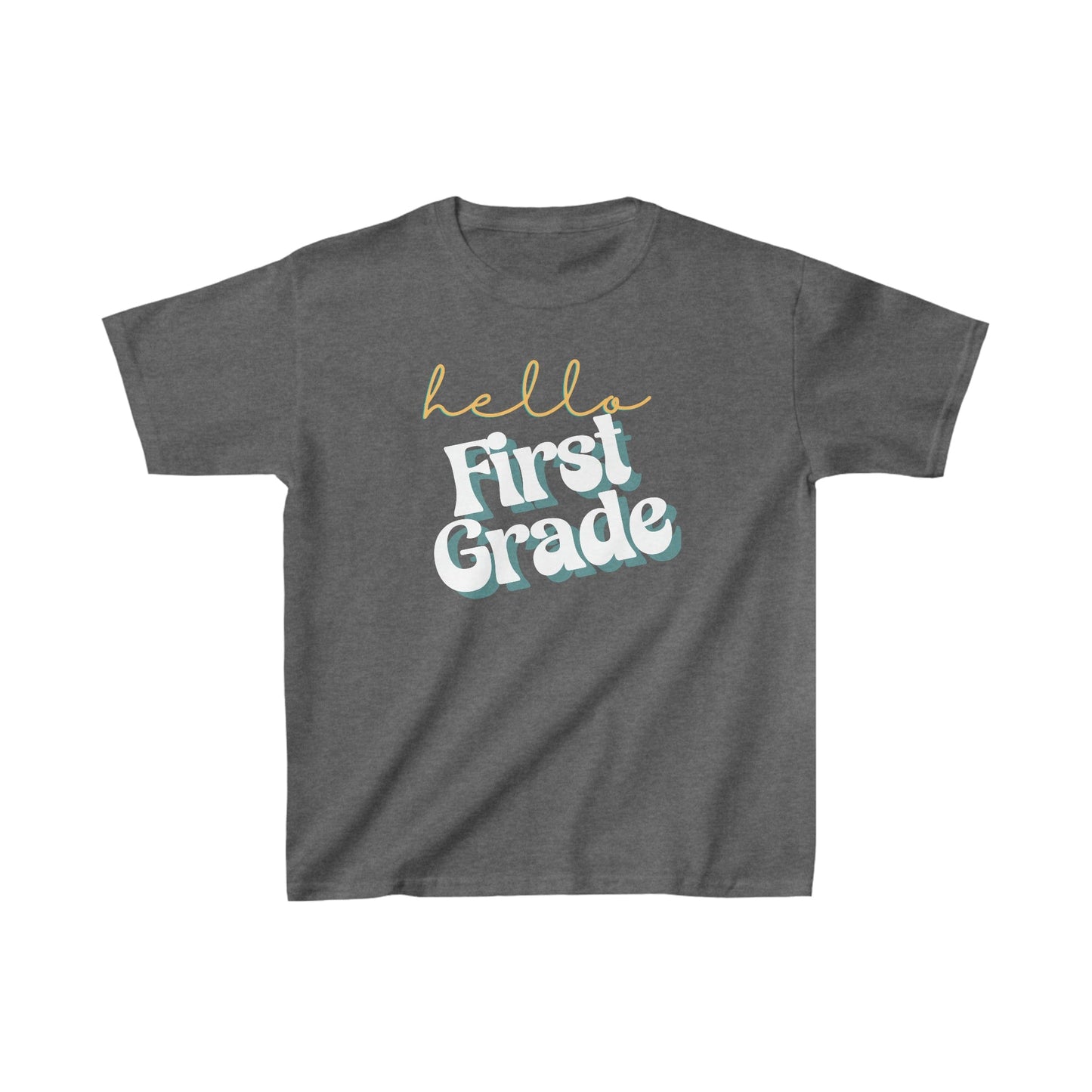 Kids clothes XS / Dark Heather Hello First Grade | Retro | YOUTH Sizes | Cotton Tee