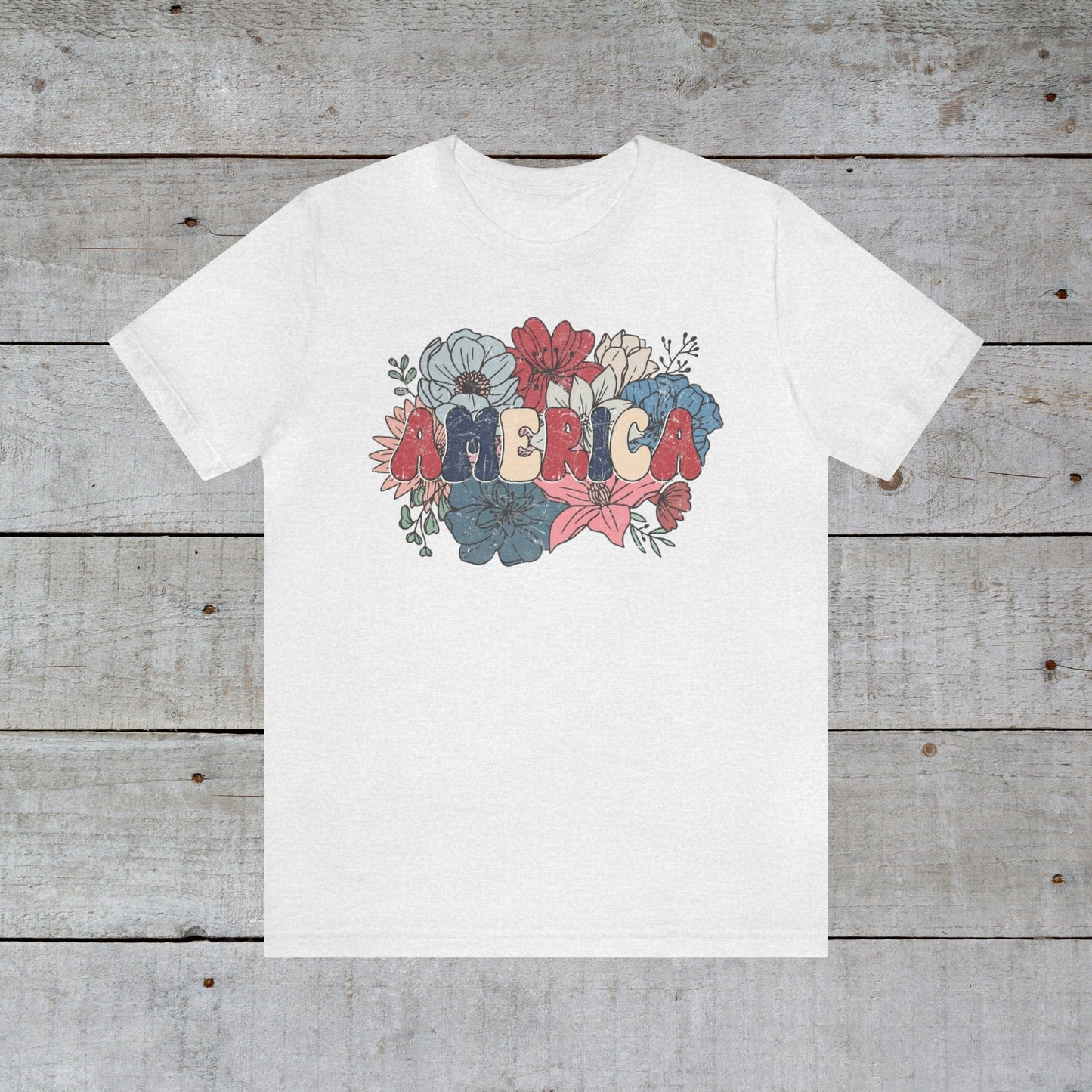 T-Shirt Ash / S America | Distressed with Flowers | Jersey Short Sleeve Tee