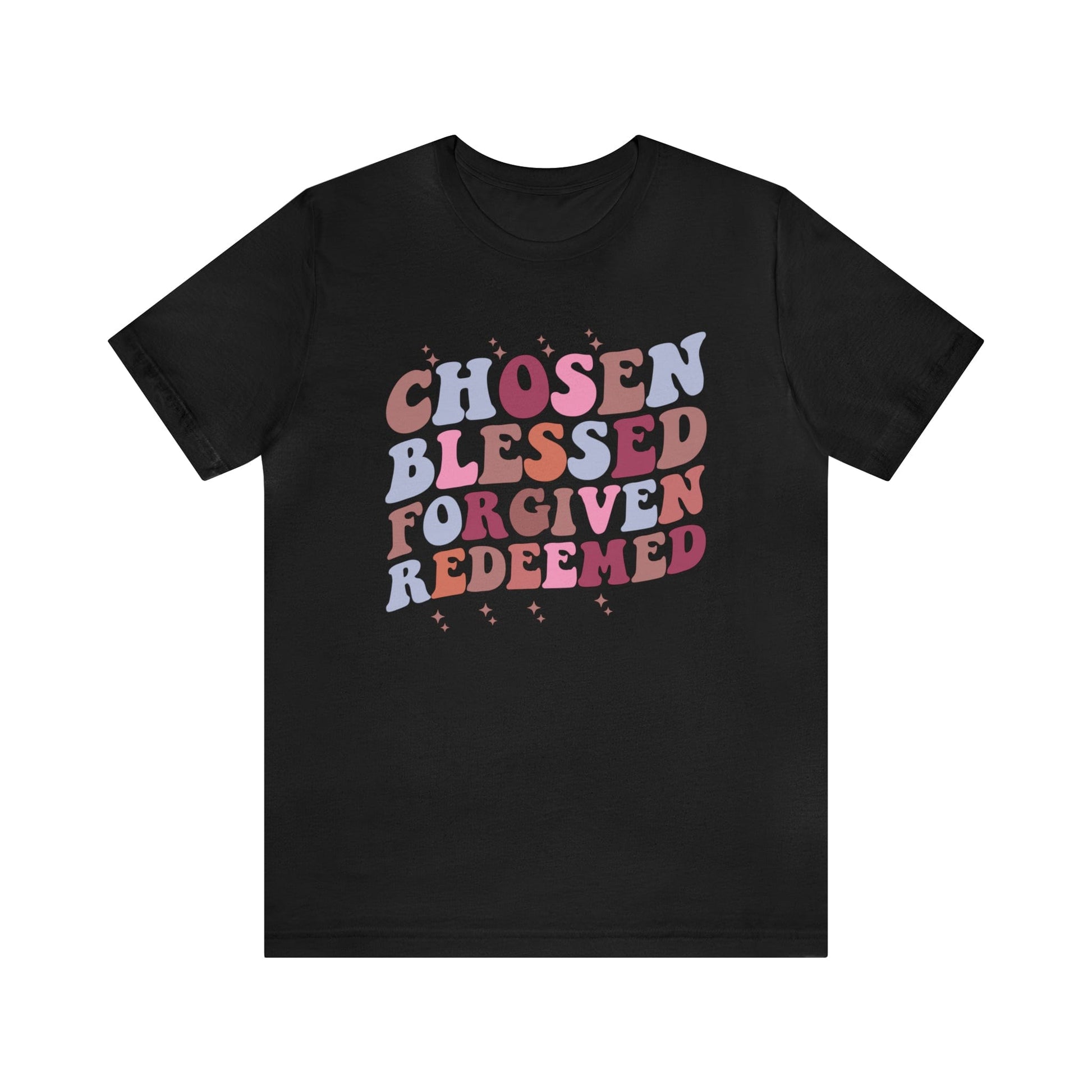 T-Shirt Black / S Chosen Blessed Forgiven Redeemed | Christian | Retro | Jersey Short Sleeve Tee