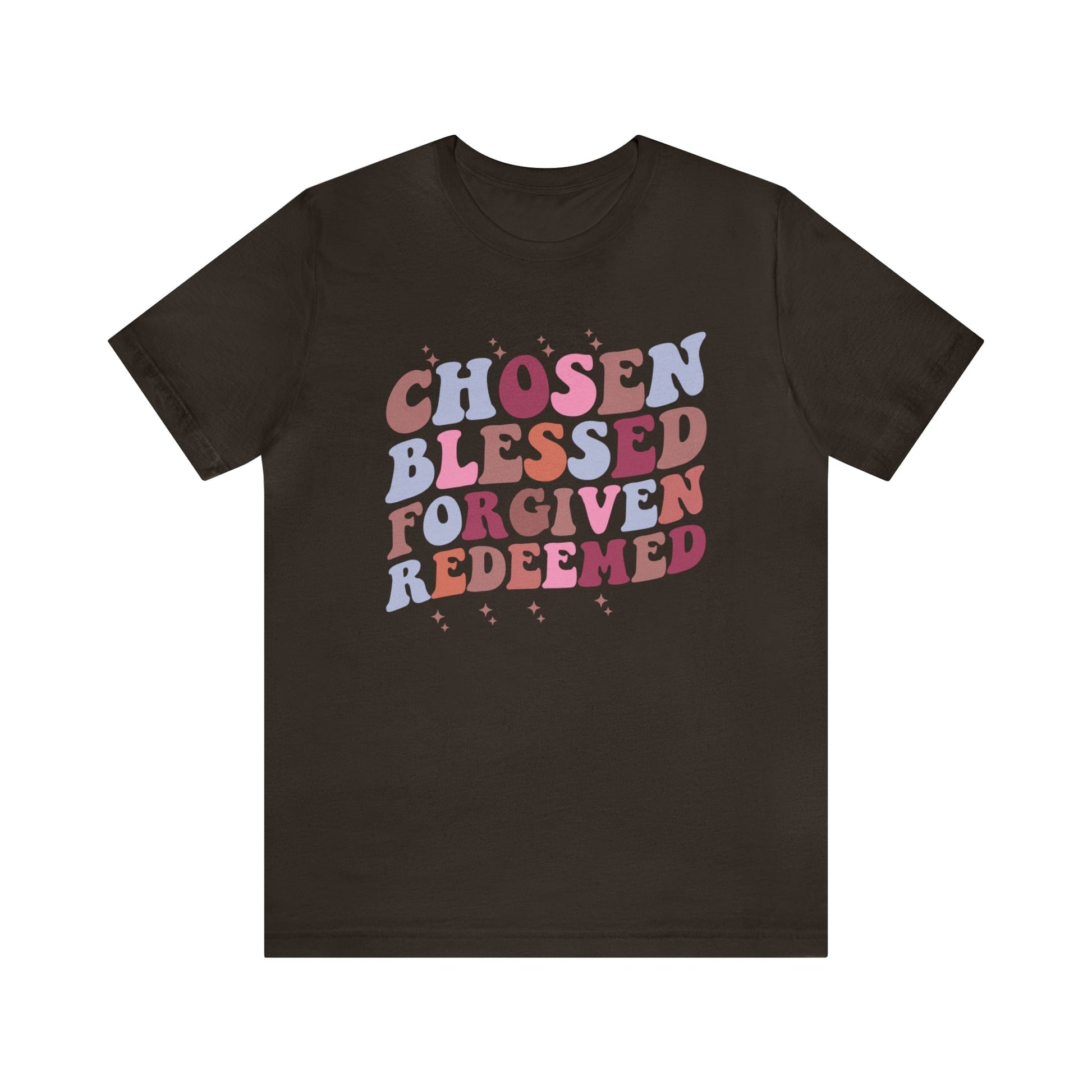 T-Shirt Brown / S Chosen Blessed Forgiven Redeemed | Christian | Retro | Jersey Short Sleeve Tee