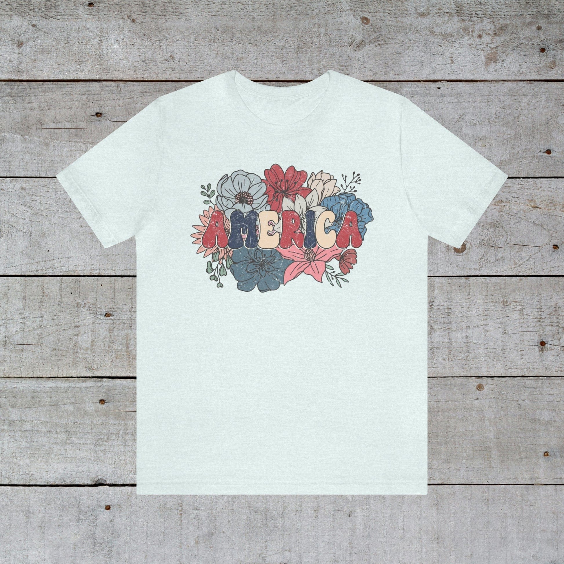 T-Shirt Heather Ice Blue / S America | Distressed with Flowers | Jersey Short Sleeve Tee