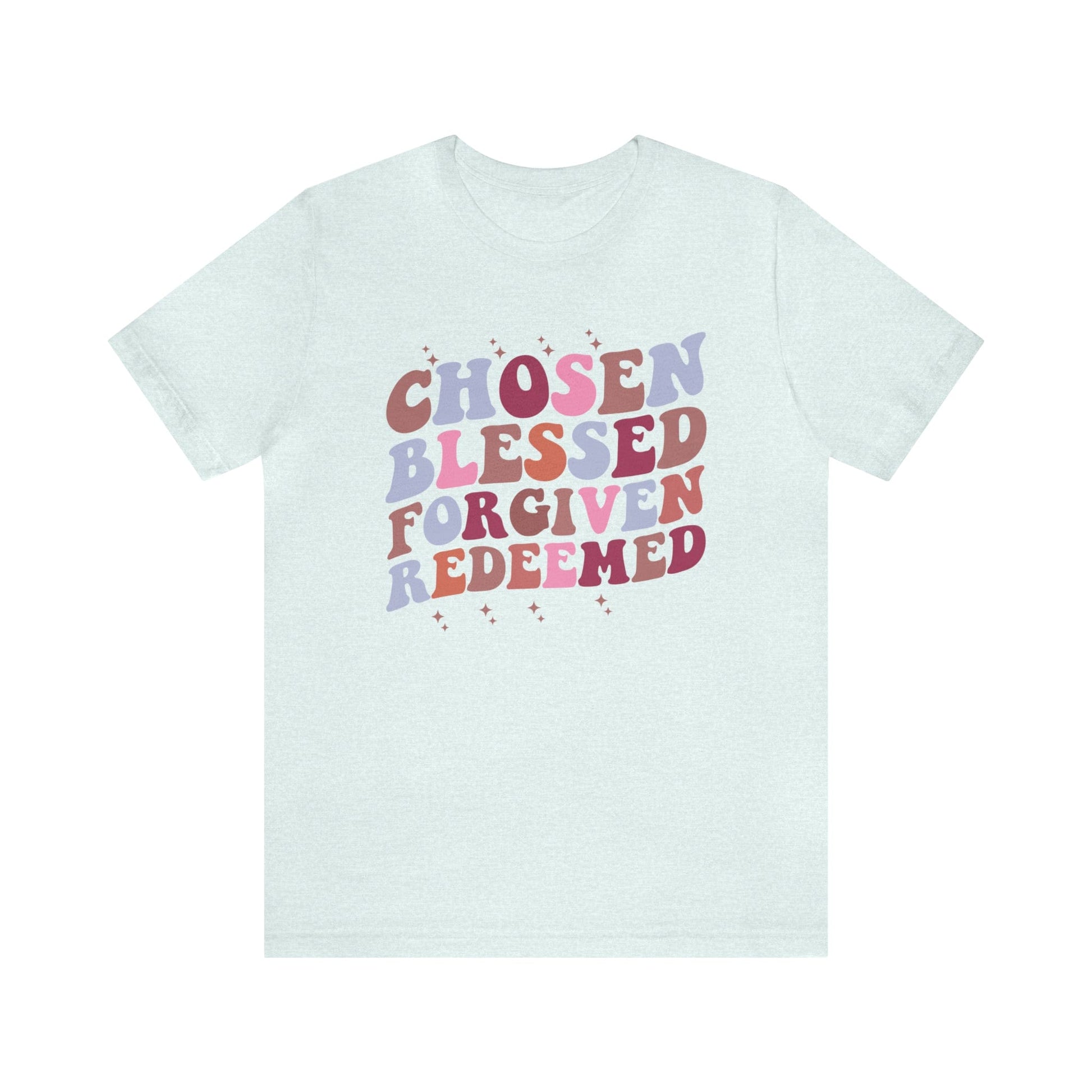 T-Shirt Heather Ice Blue / S Chosen Blessed Forgiven Redeemed | Christian | Retro | Jersey Short Sleeve Tee