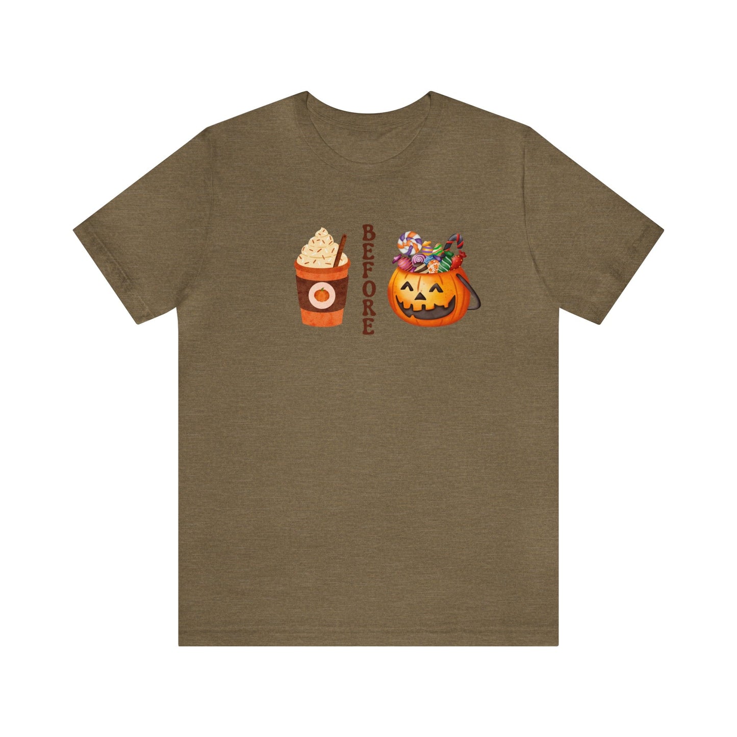 T-Shirt Heather Olive / S Coffee Before Candy | Fall | Pumpkin Spice | Retro | Jersey Short Sleeve Tee