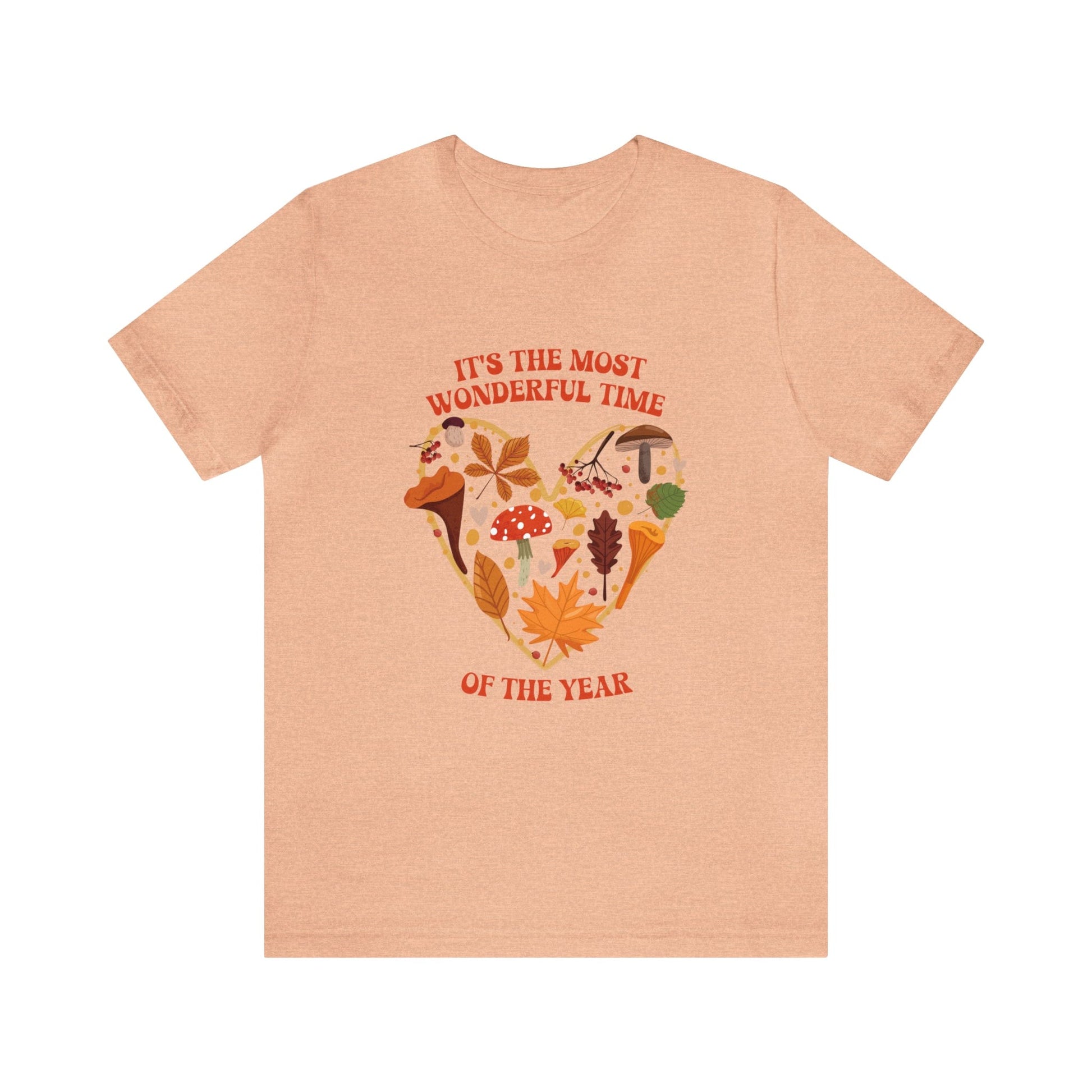 T-Shirt Heather Peach / S It's the Most Wonderful Time of the Year | Fall | Mushrooms and Leaves | Retro | Jersey Short Sleeve Tee