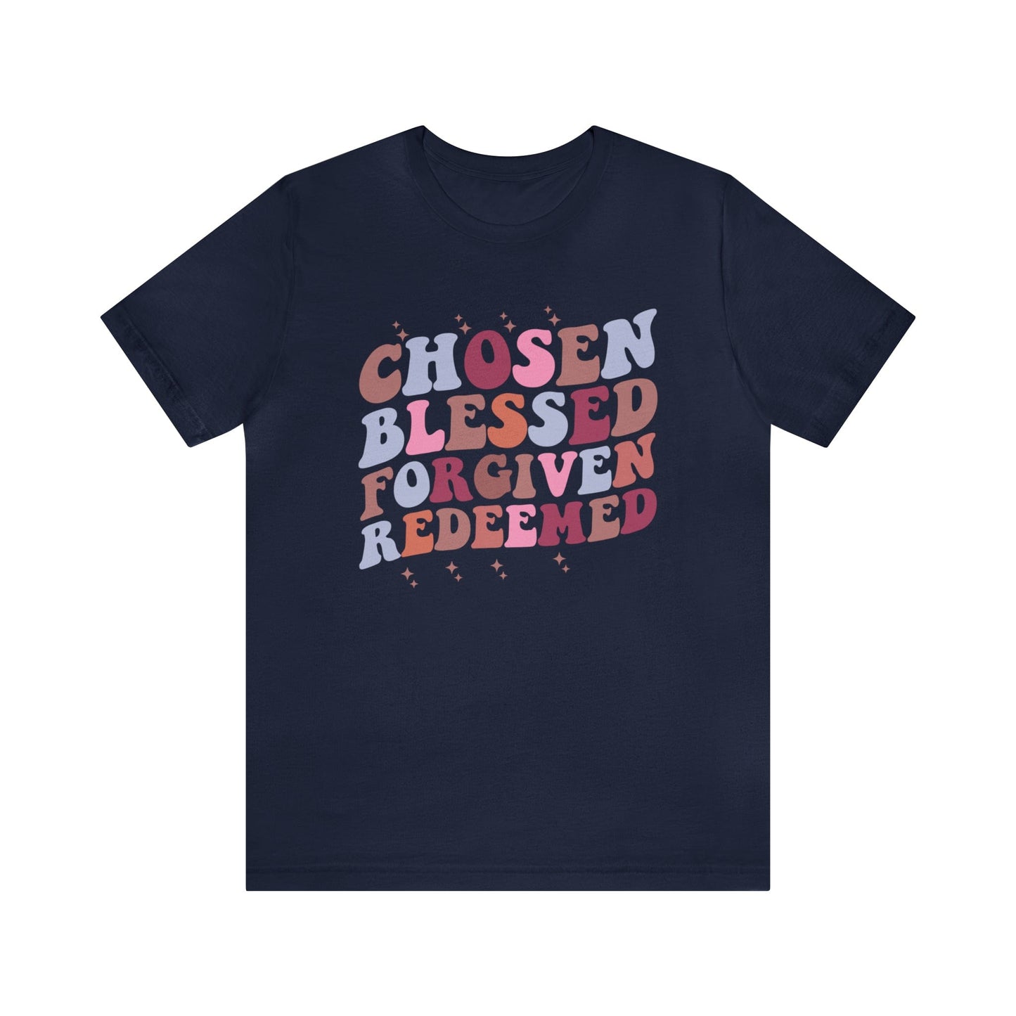 T-Shirt Navy / S Chosen Blessed Forgiven Redeemed | Christian | Retro | Jersey Short Sleeve Tee