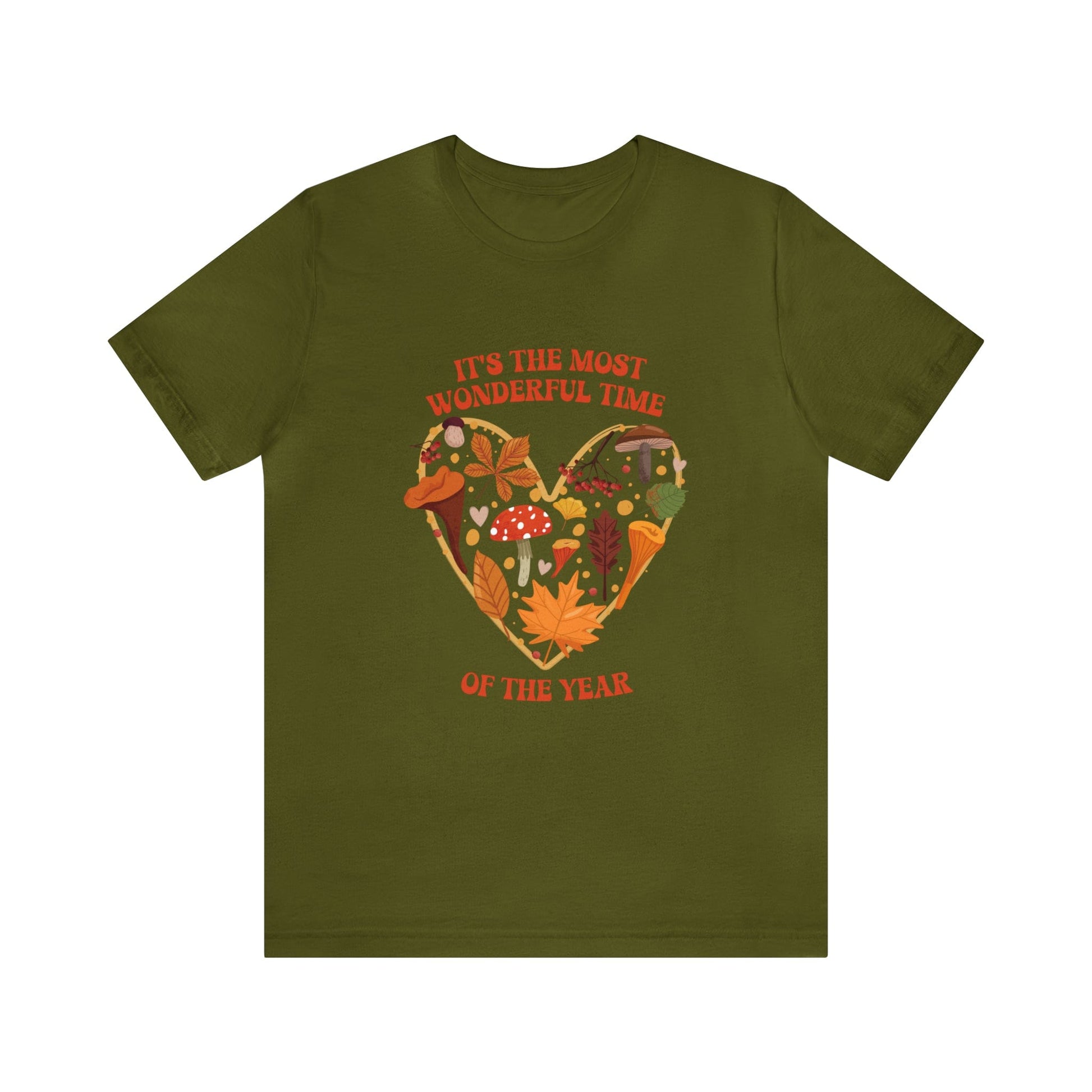 T-Shirt Olive / XS It's the Most Wonderful Time of the Year | Fall | Mushrooms and Leaves | Retro | Jersey Short Sleeve Tee