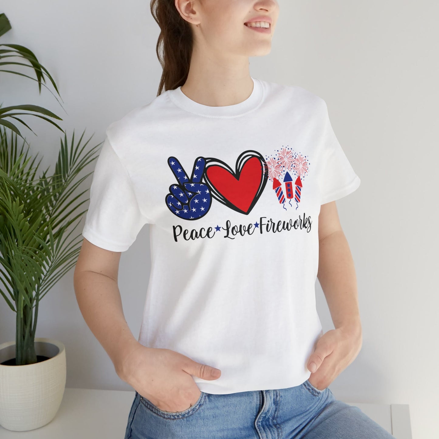 T-Shirt Peace Love Fireworks | Independence Day | Jersey Short Sleeve Tee