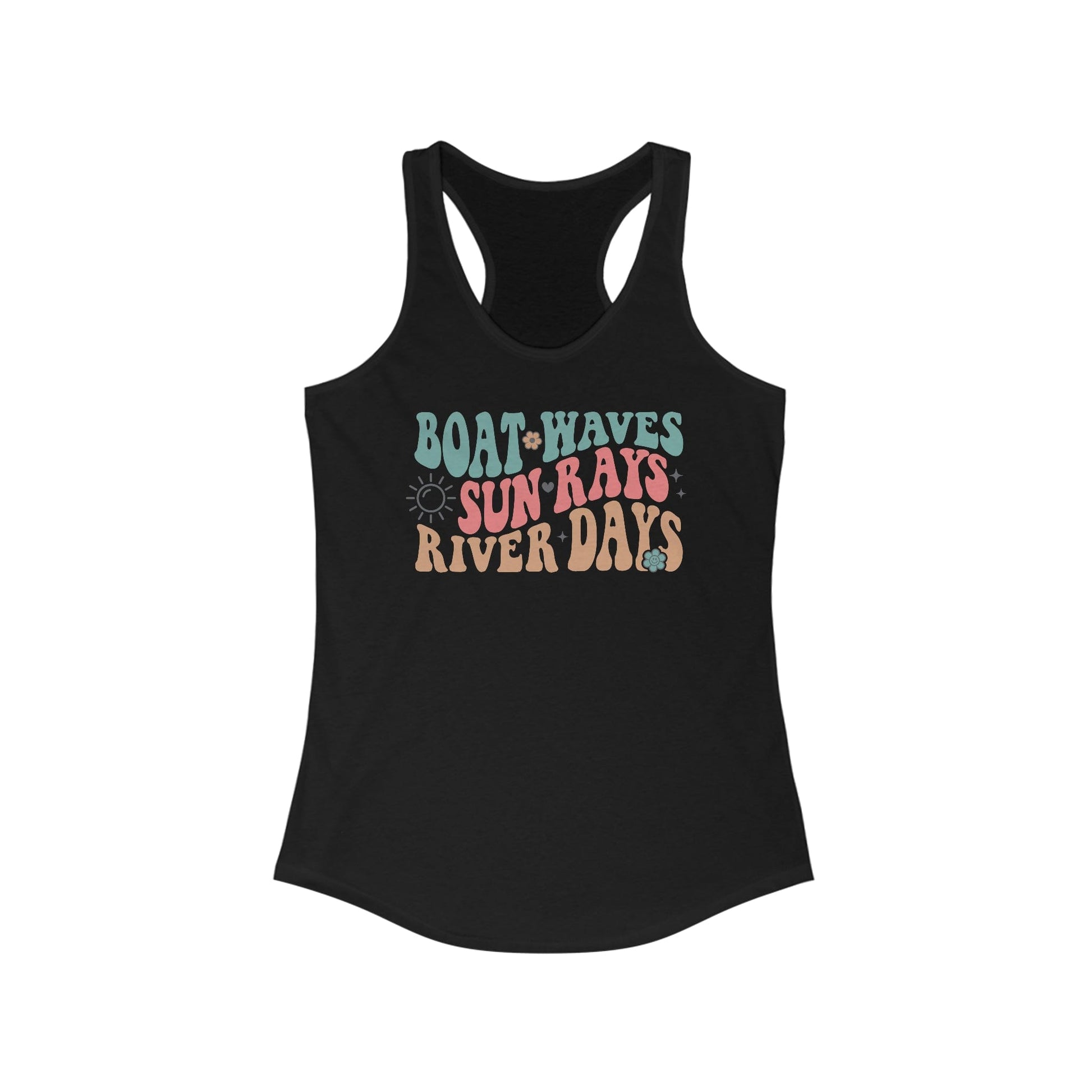 Tank Top XS / Solid Black Boat Waves Sun Rays River Days | Vacation | Summer | Women's Ideal Racerback Tank