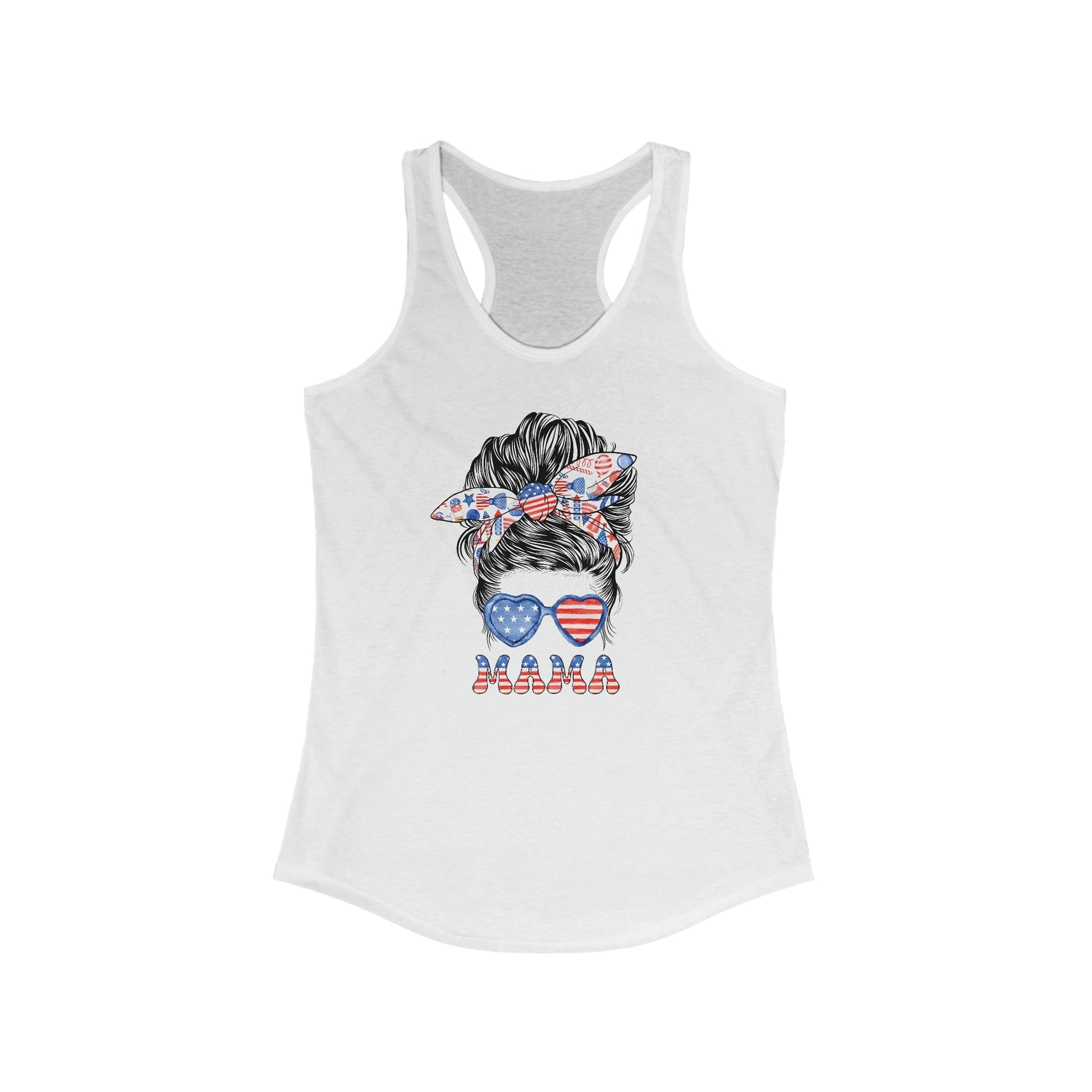 Tank Top XS / Solid White American Mama | Patriotic Mama | Messy Bun | Women's Ideal Racerback Tank