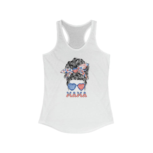 Tank Top XS / Solid White American Mama | Patriotic Mama | Messy Bun | Women's Ideal Racerback Tank