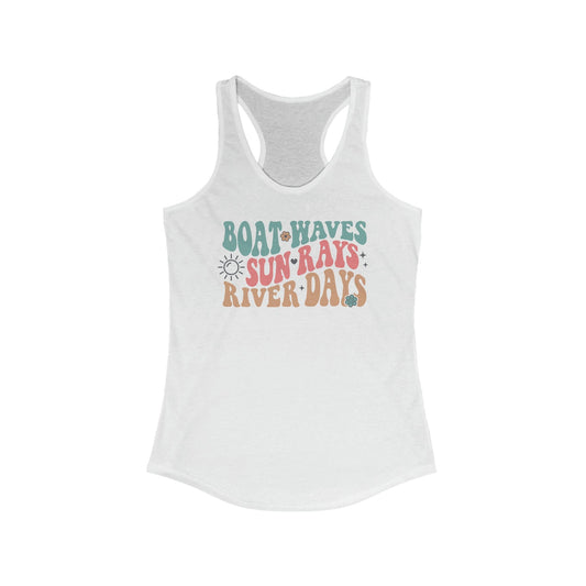 Tank Top XS / Solid White Boat Waves Sun Rays River Days | Vacation | Summer | Women's Ideal Racerback Tank